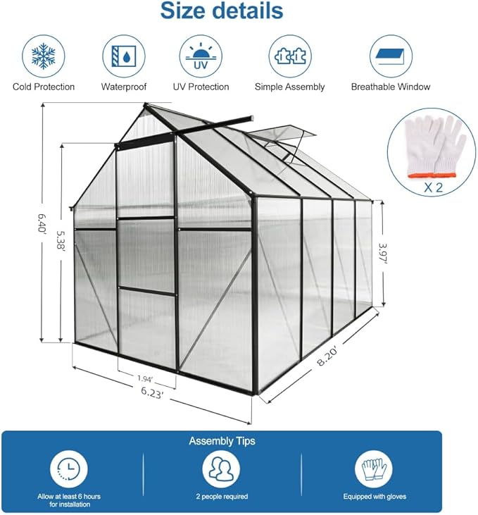6 ft x 8 ft Aluminum Frame Greenhouse for Outdoor Use with Sloped Roof and Sliding Door for Garden Plant Protection (Black 6 * 8FT)