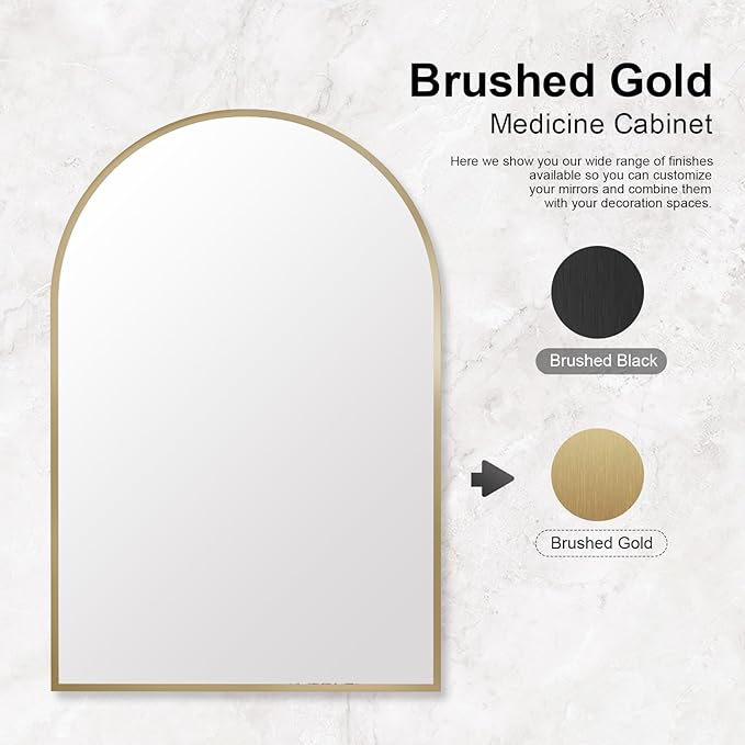 Recessed Medicine Cabinet with Mirror,Brushed Gold Arched Medicine Cabinets for Bathroom,in Wall Bathroom Cabinet with Mirror,Mirrored Medicine Cabinets Wall Mounted 20x30