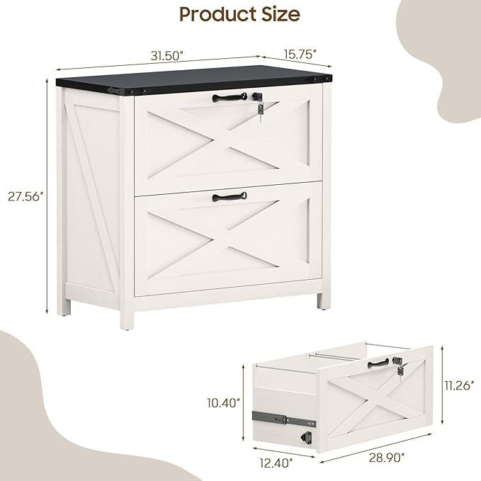 Lateral File Cabinet with 2 Large Drawers, Farmhouse File Cabinet with Lock for Letter/Legal/A4 Size Hanging Files, Wood File Storage Cabinets Printer Stand for Home Office Cabinets, White and Black
