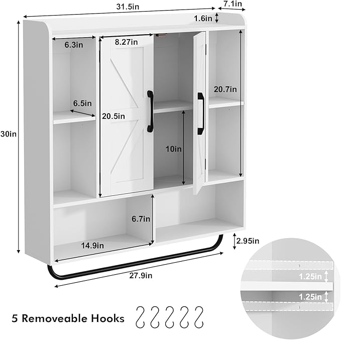 RUSTOWN Rustic Wood Wall Bathroom Cabinet, Farmhouse Medicine Cabinet Wall Mounted, Space Saving Wall Storage Cabinet with 2 Barn Door, 3-Tier Adjustable Shelves and Towel Bar (White)