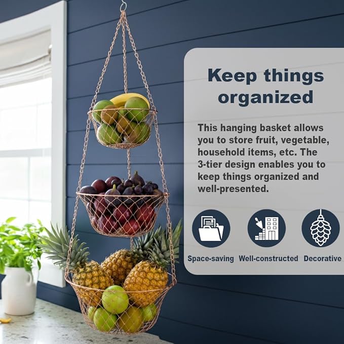 Hanging Fruit Basket – 3 Tier Hanging Baskets for Kitchen – Heavy Duty Wire Fruit and Vegetable Basket with Hooks, Copper Finish 32 Inches Kitchen Organizer, Storage Rack, Durable Iron