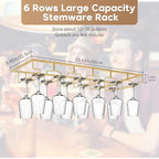 Xverycan Wine Glass Rack Under Cabinet, 6 Row Extreme Large Stemware Hanger, Metal Wine Goblet Holder, DIY Bar Glass Storage Rack for Bar Counter, Kitchen, Screws Included (Gold)
