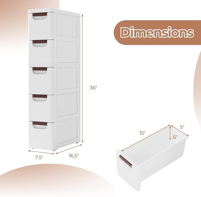 Giantex 5 Drawers Storage Cart, Narrow Plastic Dresser, Rolling Organizer Cart for Office Classroom Bedroom Bathroom Art Craft Supplies, Mobile Slim Utility Cart on Wheels (7.5"x16.5"x36")