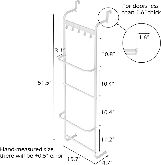 5 Tier Over The Door Towel Racks for Bathroom Wet Towel Drying Rack Clothing Storage Holder with Hooks (White, 5 Tier)