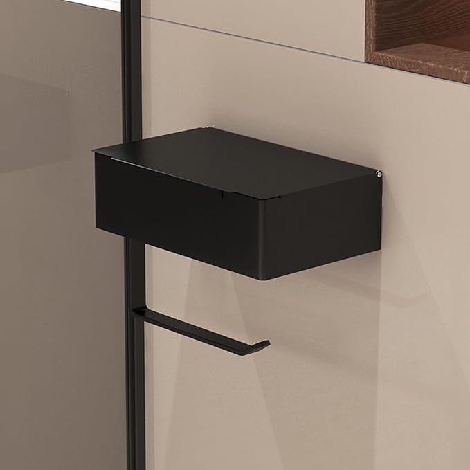 Generic Wall Mount Toilet Paper Holder with Storage Box, Black Metal, Modern Style, 8.07x4.92x2.56 Inch Bathroom Organizer