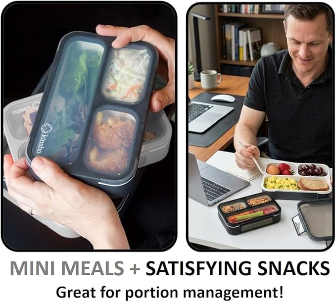 Small Snack Containers for Kids Boys Teens Adults- 3 Portion Compartments (Set of 2) - Leak-proof Snack Boxes with Lids - BPA-Free Mini Bento Lunch Box - Ideal for School, 2 Cups (Black + Gray)
