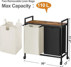 WOWLIVE Double Laundry Hamper with Lid,Rolling Laundry Basket Organizer with Wheels, Iron-Made Laundry Sorter with Top Shelf and 2 Removable Bags,Large Clothes Storage for Room,Black and Beige