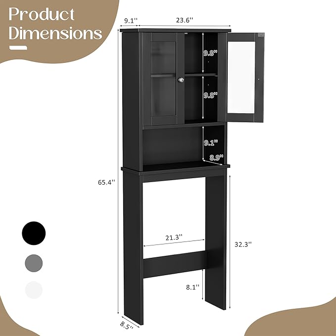 Nuturelly Over The Toilet Storage Cabinet, Bathroom Storage Organizer with Adjustable Shelves and Double Glass Doors, Freestanding Above Toilet Storage with Open Shelf, Wooden Toilet Rack(Black)