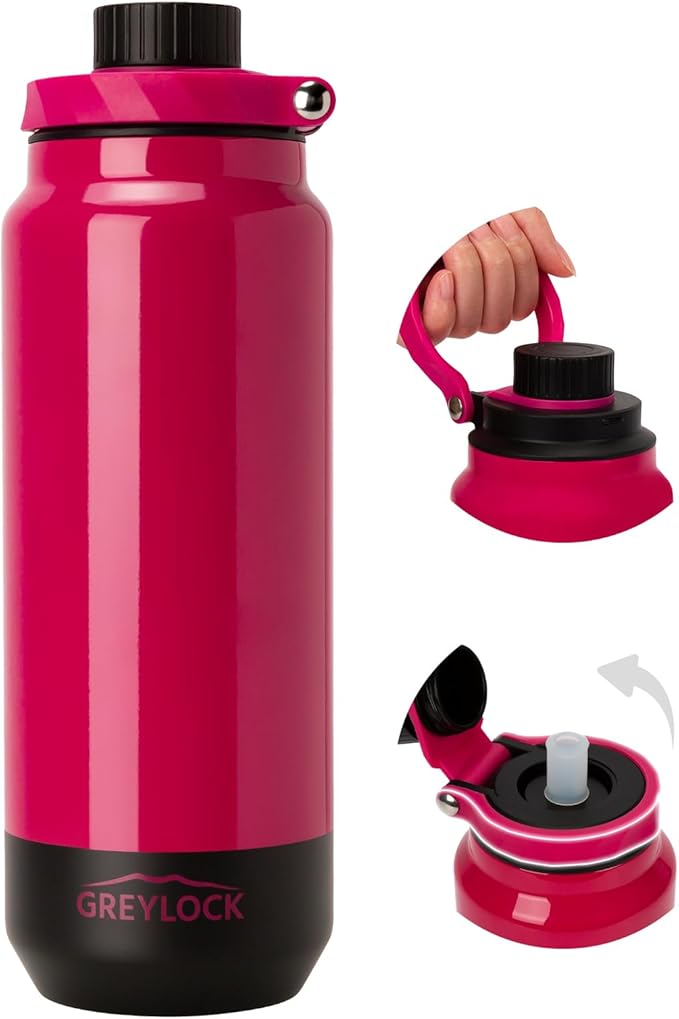 GREYLOCK 40 oz Insulated Water Bottle with Straw Lid, Leakproof Reusable Stainless Steel Vacuum Flask, 24hr Cold & Hot, Carry Handle & Silicone Spout, BPA-Free for Gym, Hiking, Travel,Red