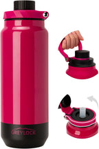 GREYLOCK 40 oz Insulated Water Bottle with Straw Lid, Leakproof Reusable Stainless Steel Vacuum Flask, 24hr Cold & Hot, Carry Handle & Silicone Spout, BPA-Free for Gym, Hiking, Travel,Red