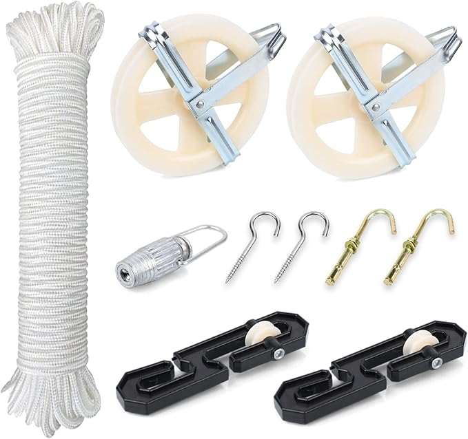 TooTaci Outdoor Clothesline Kit, 5" Nylon Clothesline Pulley Kit, 150ft Polyester Clothes Line Rope Outdoors Heavy Duty, Clothes Line Pulley Kit with S Separator Spreader, Rope Tightener, Hook
