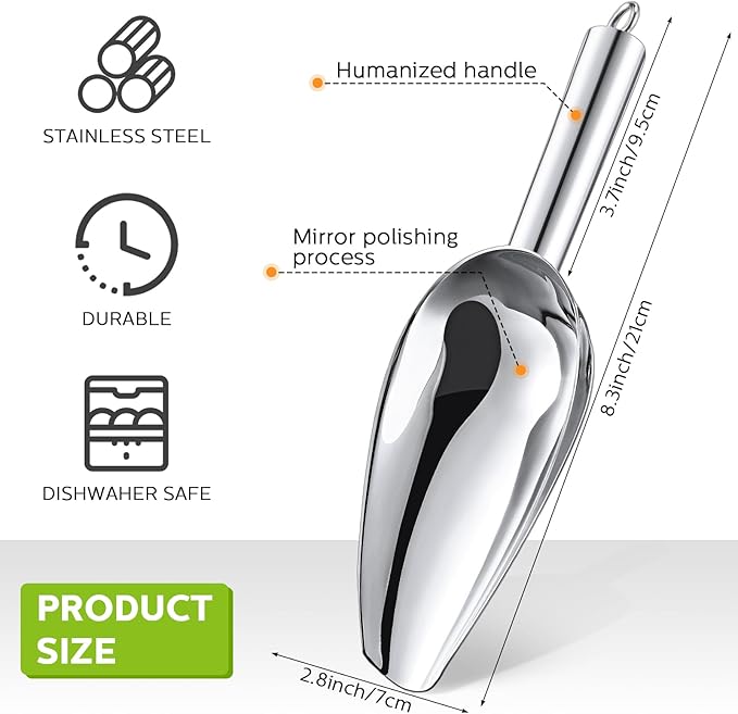 Zhehao 8 Pcs Metal Ice Scoop 6 oz Stainless Steel Ice Scooper for Ice Maker Kitchen Freezer Bar Wedding Party Small Scoops for Pet Animal Dog Food Candy Scoop Beach Shovel(Silver)
