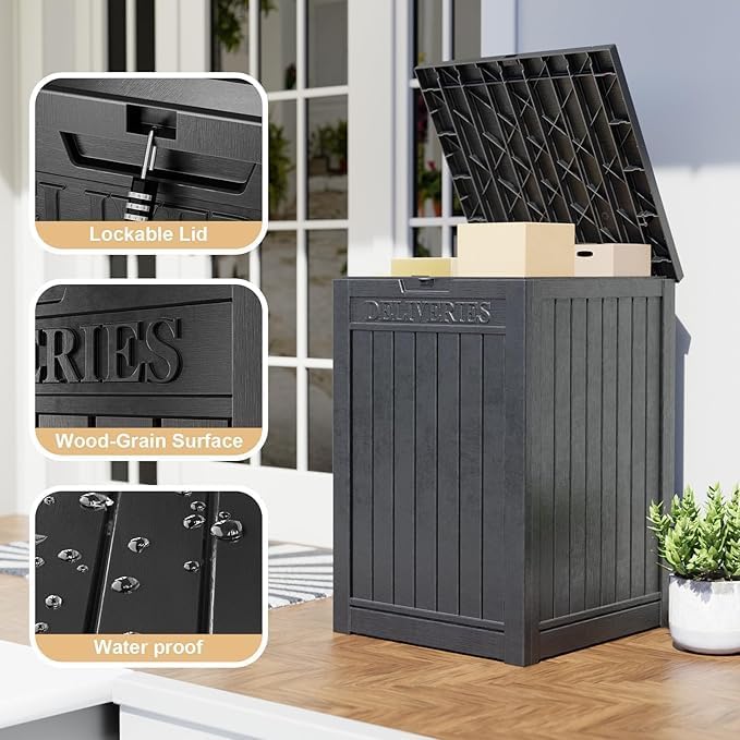 57 Gallon Resin Package Delivery Box - Rust & Moisture Resistant, Lockable, Waterproof Deck Box for Porches, Patios, Indoor & Outdoor Use (Blcak, 57 GALLON)