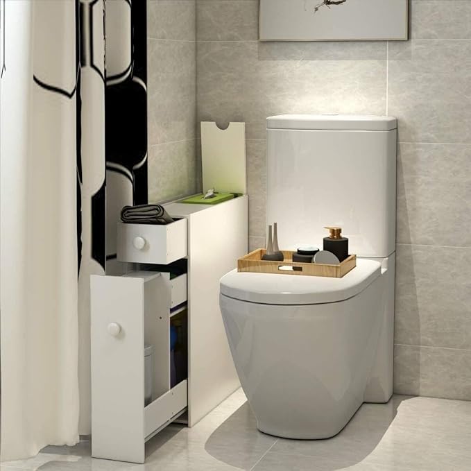 White Slim Bathroom Cabinet Toilet Paper Storage, 18.89”D X 22.83”H X 6.69”W Free Standing Under Sink And Slide Out Drawer Organizer - Narrow Cabinets Shelves For Pantry, Kitchen
