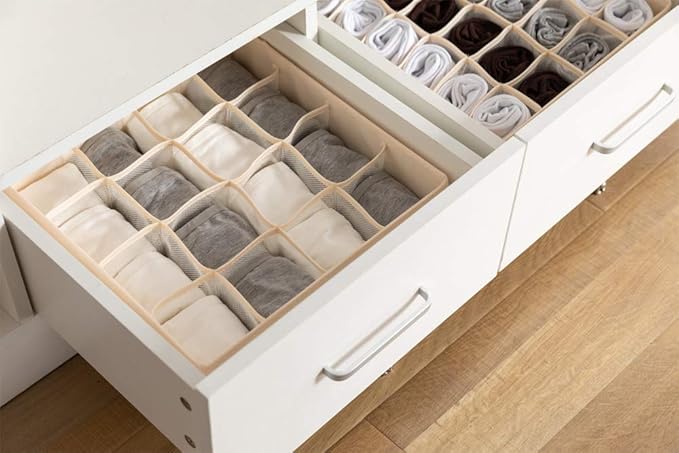 ALYER Collapsible Bra(A-C Cup) Drawer Organizer,Durable Cloth Storage Box Bins Dividers for Panties,Underwear,Socks,Lingerie(Beige-7 Cells)