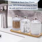 4 Pack Qtip Holder Dispenser for Cotton Ball, Swab, Round Pads, Floss - 10 oz Clear Plastic Apothecary Jar Set for Bathroom Canister Storage Organization, Vanity Makeup Organizer