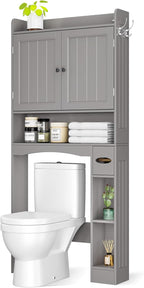 Ahomly Over The Toilet Storage Cabinet, 32.3" W Over Toilet Bathroom Organizer with Doors, Adjustable Shelves, Toilet Paper Holder, 2 Side Hooks, Space-Saver for Bathroom, Laundry, Grey