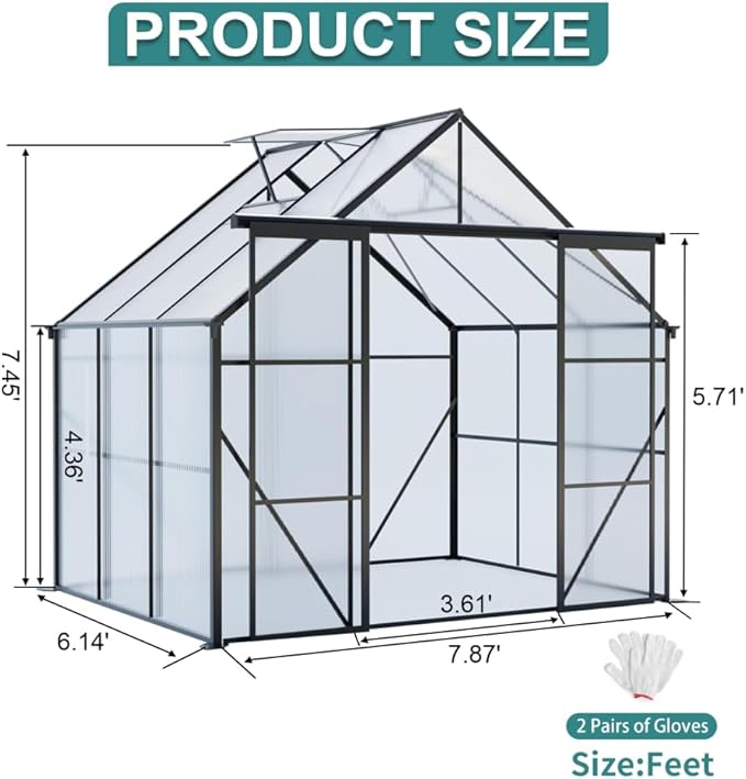 Heavy-Duty Walk-in Polycarbonate Greenhouse with Dual Sliding Doors, Adjustable Roof Ventilation, and Galvanized Steel Base for Year-Round Outdoor Gardening (Black 8*6FT)