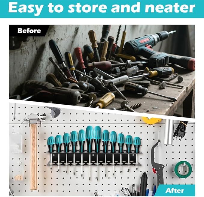 12.6" Screwdriver Holder Wall Mount with 23 Holes, Hand Tools Organizer, Heavy Duty Metal Utility Storage Rack for Pliers Small Tools, Garages Homes Workshops Shed Use(COLOR:Black)