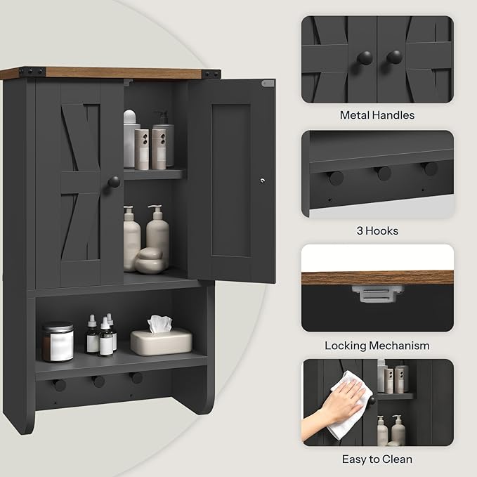 Bathroom Wall Cabinet, Farmhouse Medicine Cabinet with Adjustable Shelf, 3-Tier Wall-Mounted Storage Cabinet with 3 Hooks and Open Shelf, for Bathroom, Living Room, Kitchen, Black and Walnut