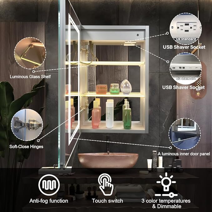 High-End Led Medicine Cabinet,Lighted Medicine Cabinet,3 Colors&Dimmable,Demister,Lighted Glass Shelf,USB Shaver Socket.Surface Mount or Recess Mount,16×24inch