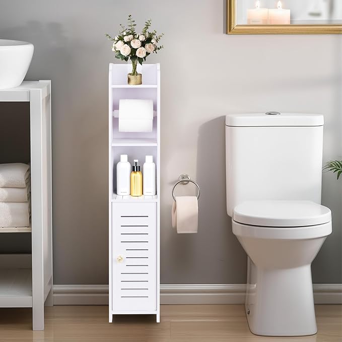 LuiceABC Toilet Paper Holder Stand, Over The Toilet Storage Cabinet for Bathroom, Slim Corner Shelf for Small Space Storage, Small Bathroom Storage Cabinet with Toilet Roll Holder & Door - White