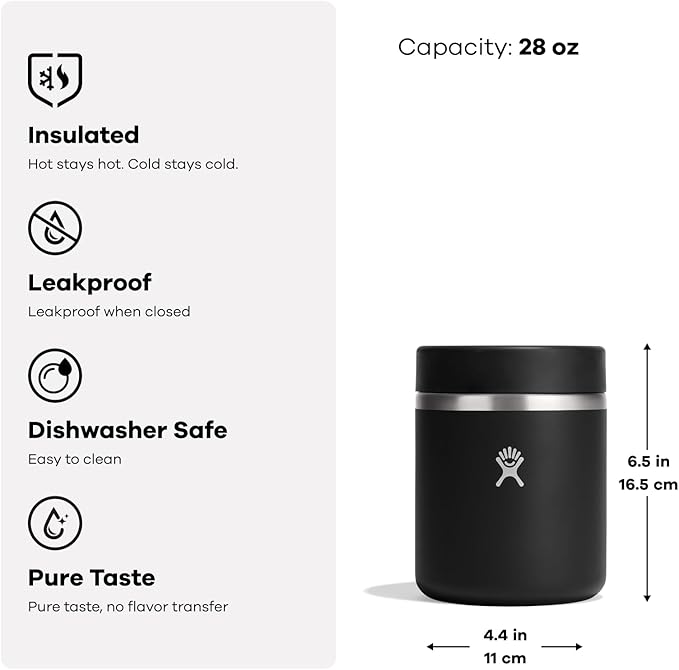 Hydro Flask Food Jar – Insulated Stainless Steel, Snack Travel Container for Hot Food & Soup 28 Oz Black