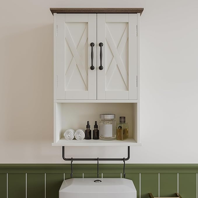 ChooChoo Farmhouse Medicine Cabinet, Bathroom Wall Cabinet with Adjustable Shelf, Towel Bar, 3 Hooks, Over The Toilet Storage Cabinet for Bathroom, Kitchen, 19.3''L, Antique White & Brown