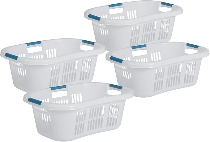 Rubbermaid 4 Pack Small Laundry Basket, 2.1 Bushel Bedroom Hamper, Hip-Hugger Plastic Clothing Bin with Carrying Handles, White