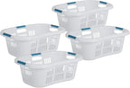 Rubbermaid 4 Pack Small Laundry Basket, 2.1 Bushel Bedroom Hamper, Hip-Hugger Plastic Clothing Bin with Carrying Handles, White