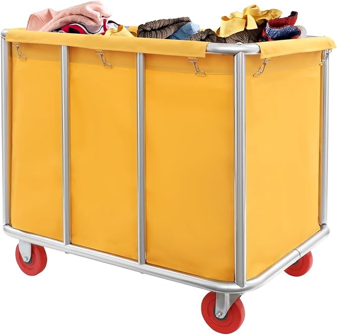 Commercial Laundry Cart with Wheels, 260LBS Laundry Cart Stainless Steel Rolling Laundry Hamper, Laundry Sorter Rolling Cart with Removable Oxford Cloth Bag for Hotel, Home, Hospital (Yellow)
