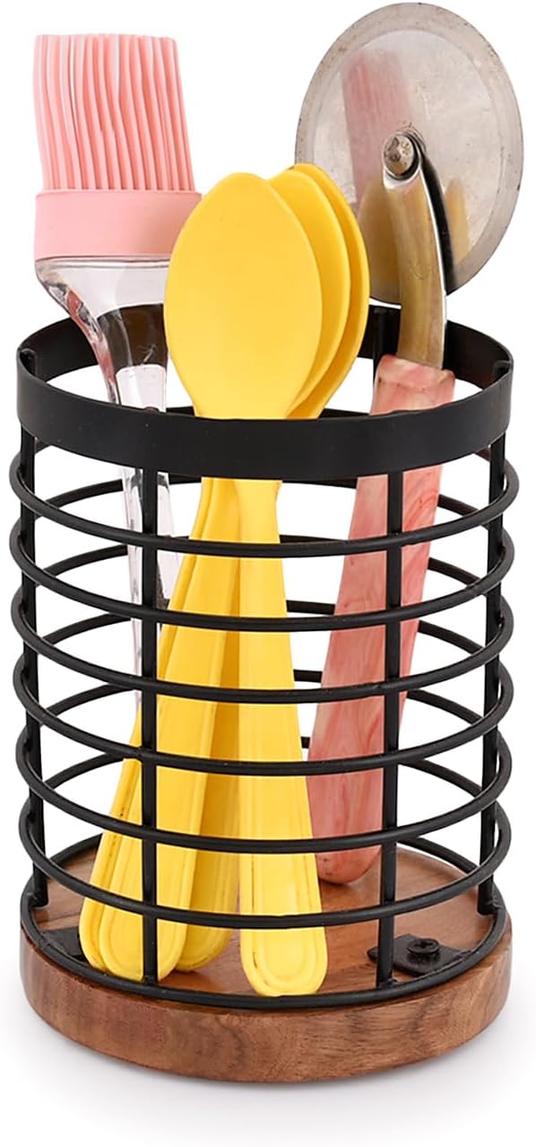 EDHAS Black Iron Kitchen Utensil Holder with Acacia Wooden Base Round Flatware Storage for Countertop (4.5" x 4.5" x 6")