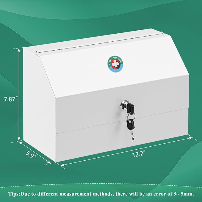 KYODOLED Wall Mount Medicine Lock Box, Drug Cabinet with Key, Large Capacity Secure Steel Prescription, First Aid Kit for Emergencies Home and School use, White, 12.2 * 5.9 * 7.87 inch
