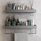 Wall Mounted Bathroom Shelves, 2-Tier Floating Shelf with Removable Hooks, Bathroom Wall Organizer(Gray)