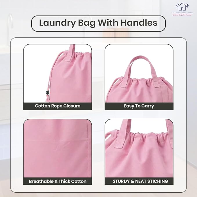 LFH Home Large Premium Cotton Canvas Laundry Bag with Drawstring and Handles Heavy Duty, Multi-Use, Washable for Home, Travel, College or Storage 20x30 (Pack of 4)-Pink
