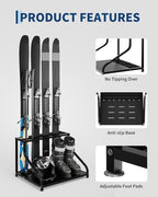 Garvee Ski Storage Rack, Heavy Duty Steel Ski Holder for Garage Basement Home, Multipurpose Floor Stand Ski Equipment Organizer for Ski Poles, Goggles, Helmet & More, 23L×18.8W×16H, Black