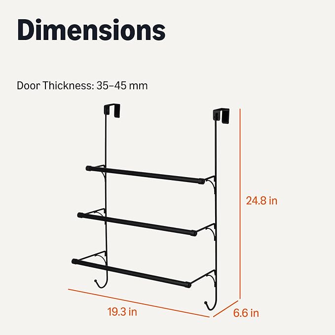 Amazon Basics Over-the-Door Towel Rack with Hooks, 19.3W x 6.6D x 24.8H inch, Black