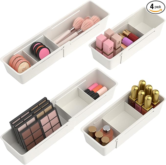 Desk Drawer Organizer Tray, 4 Pack Expandable Drawer Organizer with Dividers Adjustable, Bathroom Organizer Bins for Junk, Office, Makeup, Kitchen Utensil