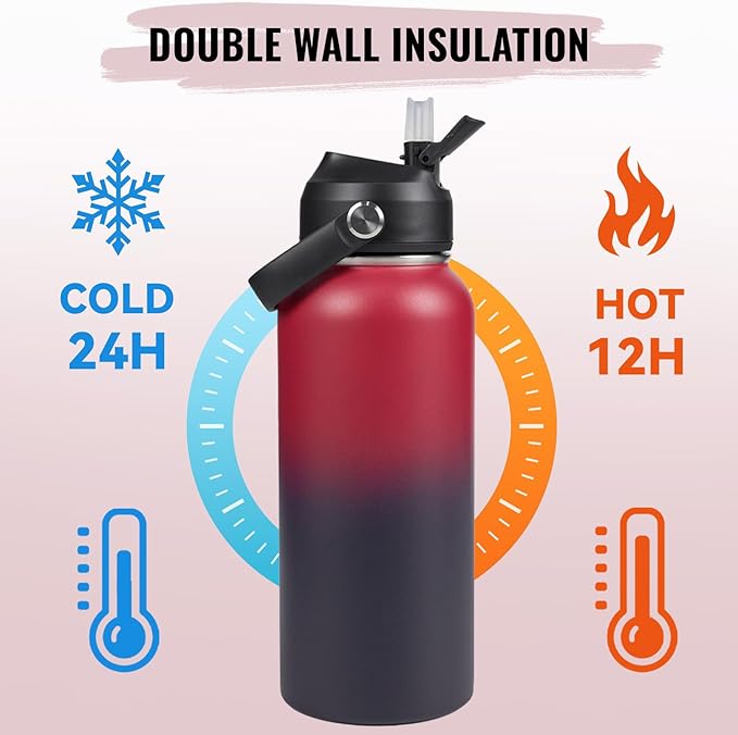 32oz Insulated Stainless Steel Water Bottle, Wide Mouth Double Wall Vacuum, Silicone Straw, Sweat & Leak Proof, BPA Free Insulated Water Flask for Travel, Keep Cold 24h Hot 12h, Red