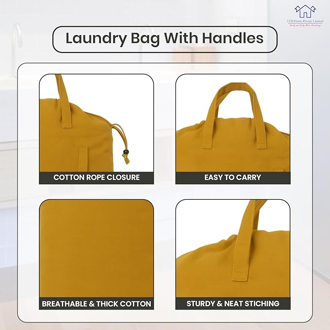 LFH Home Large Premium Cotton Canvas Laundry Bag with Drawstring and Handles Heavy Duty, Multi-Use, and Washable for Home, Travel, College or Storage 28x36 (Pack of 4)-Yellow