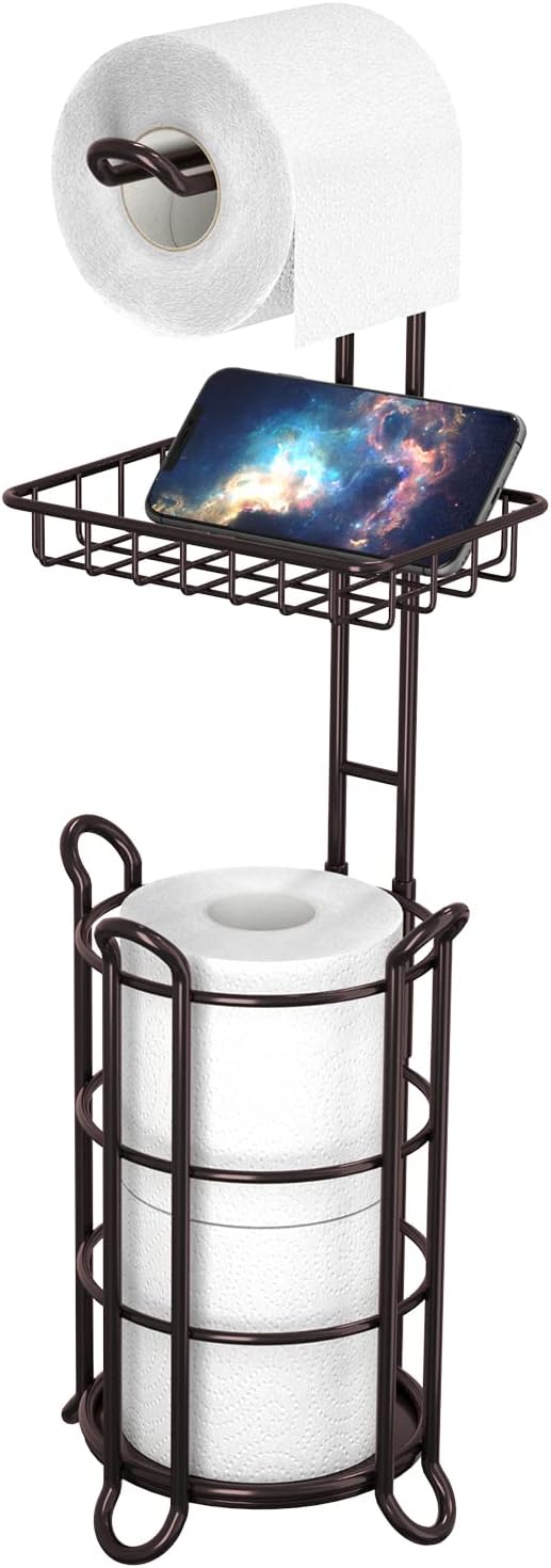 Toilet Paper Holder Stand Tissue Paper Roll Dispenser with Shelf for Bathroom Storage Holds Reserve Mega Rolls-Bronze