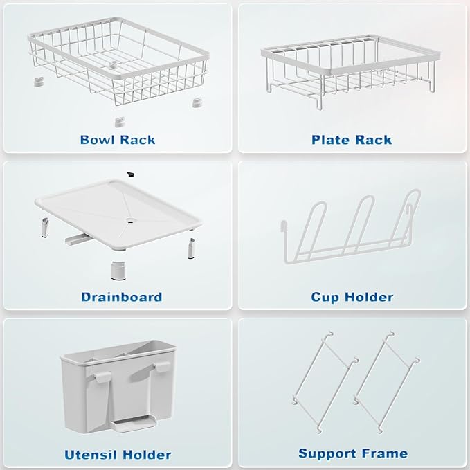 Dish Drying Rack, Stainless Steel-Dish Rack, Dish Racks for Kitchen Counter, Kitchen Dish Drainers with Removable Utensil Holder,New Drain Outlet,Plate Rack and Drainboard (White 3)