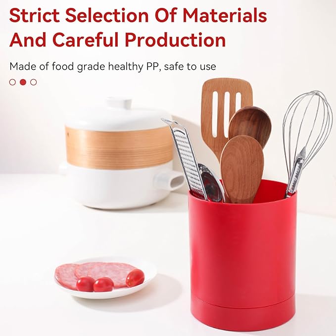 Cyrank Utensil Holder, 360° Rotating Utensil Holder for Kitchen Counter Flatware Caddy Cooking Silverware Storage Organizer for Spoon Spatula, 6.5x5.7 Inch (Red)