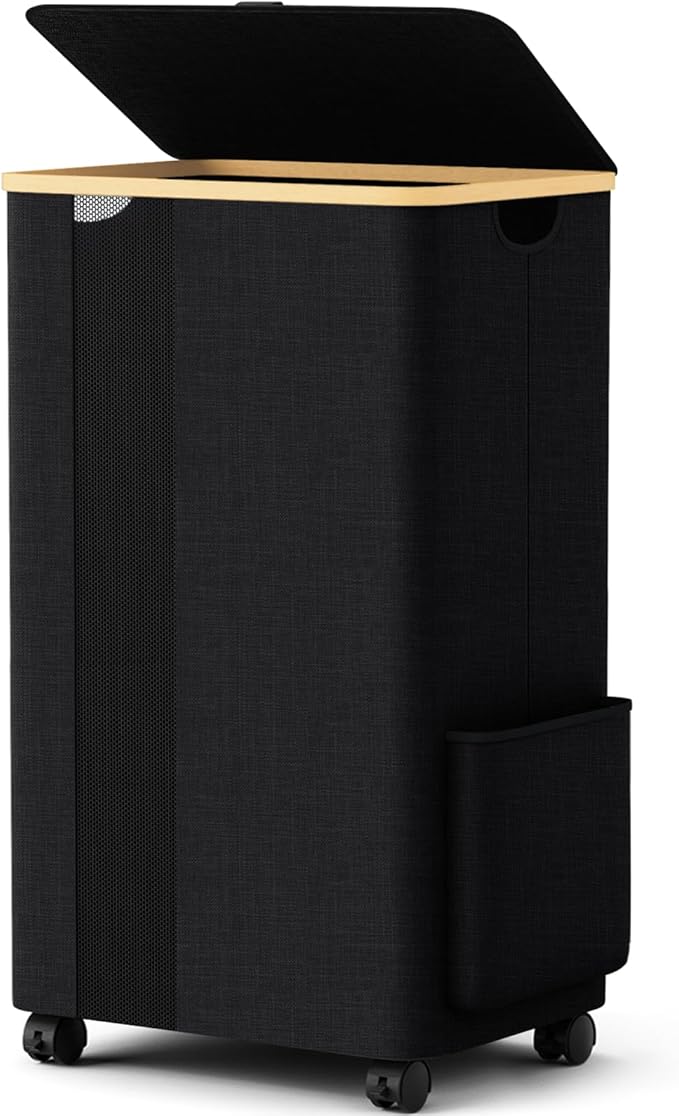 BlissTotes Laundry Basket Laundry Hamper with Lid, Collapsible Laundry Hampers, Laundry Bin, Clothes Hamper Basket with Internal Support & Wheels & Handles for Bathroom, Bedroom (100L, Black)