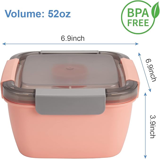 Freshmage Salad Lunch Containers To Go, 2 Pack 52-oz Bowls with 3 Compartments, Dressing Containers for Toppings, Snacks - Pink & Green