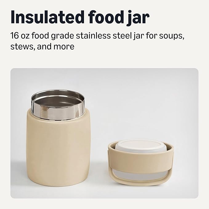 Amazon Basics Insulated Stainless Steel Food Jar, For Hot and Cold, Leak Proof, 16 ounces, Linen Gray
