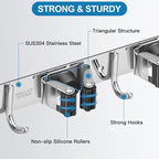 IMILLET Broom Holder Wall Mounted, Stainless Steel Broom Mop Holder Self Adhesive Heavy Duty Hooks Storage Organizer for Home Laundry Room Garden Garage Closet Kitchen 1 Pack（4 Racks with 5 Hooks）