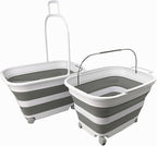 SAMMART 35L (9.24 Gallons) Collapsible Plastic Laundry Basket with Handle and Wheels - Foldable Pop Up Storage Container/Washing Tub - Space Saving (2, White/Grey)