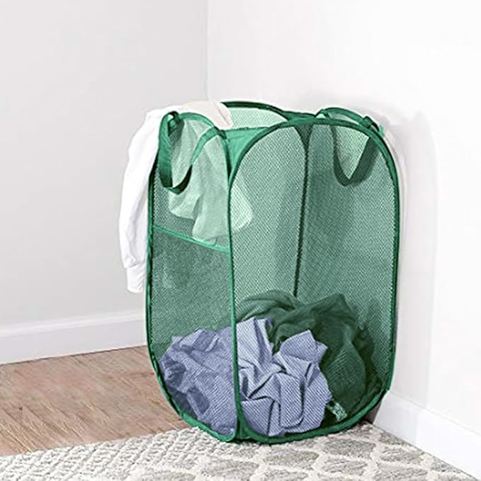 Larpur Pop Up Laundry Basket, Foldable Mesh Laundry Hamper Collapsible Clothes Basket Portable Dirty Clothes Hamper for Home, Dorm, Travel, Green