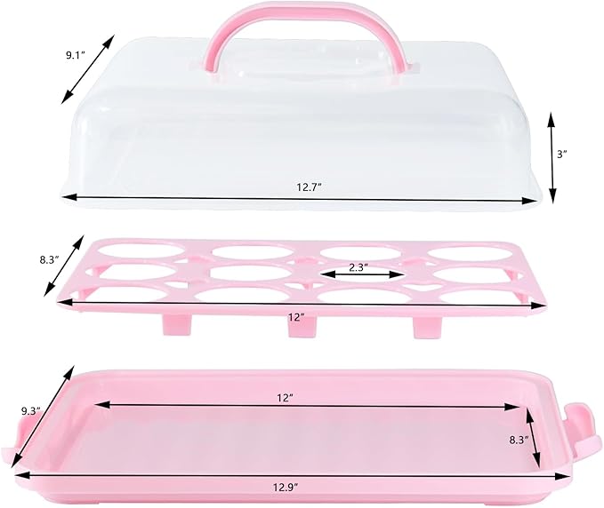 Cake Carrier with Lid, Cake Holder Cupcake Container for 12 Cupcakes 2 in 1 Portable Dessert Container for Pie Muffin Cobbler (Pink)